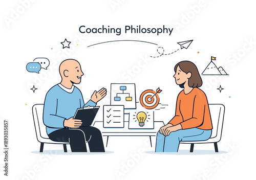 Guided Coaching Session. Coaching philosophy. A calm editorial scene of a coach and client sitting face to face with notes and simple diagrams between them,
