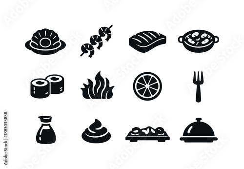 Seafood Icons Collection. Seafood Cuisine. Solid icon set of Seafood Cuisine: scallop dish, shrimp skewer, fish filet, paella pan, sushi roll, seaweed garnish,