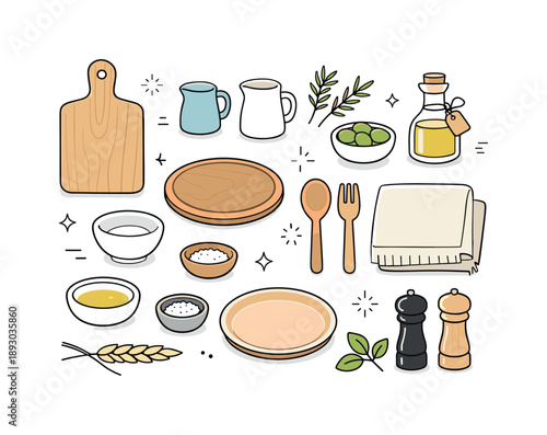 Natural Food Styling Setup. Set of natural food styling props. A curated collection of wooden, ceramic, and textile elements arranged neatly, suggesting