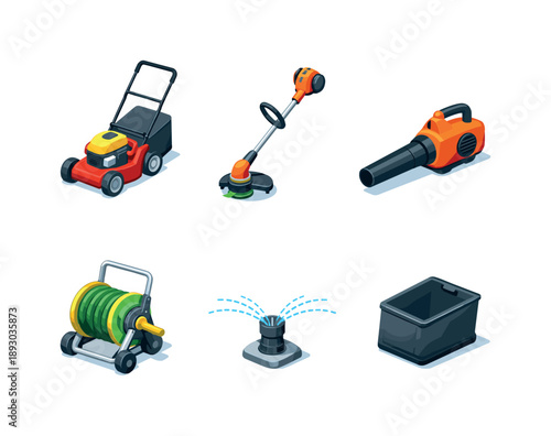 Lawn Care Grid. Lawn care. Isometric flat vector icons set of Lawn care: push lawn mower, grass trimmer, leaf blower, garden hose reel, sprinkler head, grass