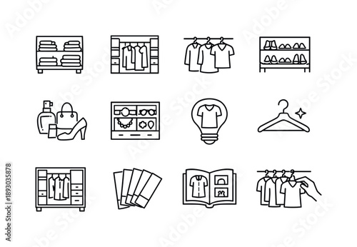 Wardrobe Line Icons. Wardrobe and style. Line icon set of Wardrobe and style: clothing shelf, fashion closet, hanging outfits, shoe rack, fashion essentials,