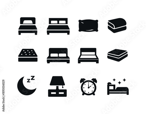 Bedroom Icon Collection. Bed. Solid icon set of Bed: single bed, double bed, pillow, blanket, mattress, headboard, bed frame, bed sheet, night rest, sleep