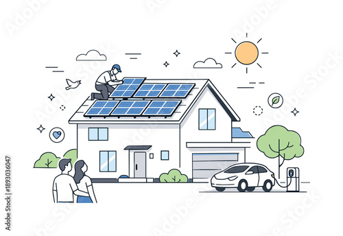 Modern Solar-Equipped Home. Solar panel installation residential. Solar panels installed on a modern house roof, sense of sustainability and clean energy