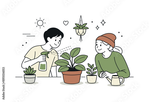 Indoor Plant Care. Indoor gardening people. One person misting plant leaves while another observes, creating a gentle scene of learning, patience, and everyday