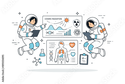 Space Radiation Research. Astronauts studying cosmic radiation and its effects on the human body. A calm space research scene with astronauts reviewing data