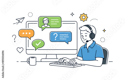 Efficient Customer Support. Customer support service. Technician responding to messages on a screen, clear communication and attentive care. Abstract speech