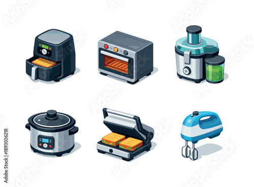 Isometric Kitchen Icons. Kitchen Appliances. Isometric flat vector icons set of Kitchen Appliances: air fryer, electric oven, juicer machine, slow cooker,