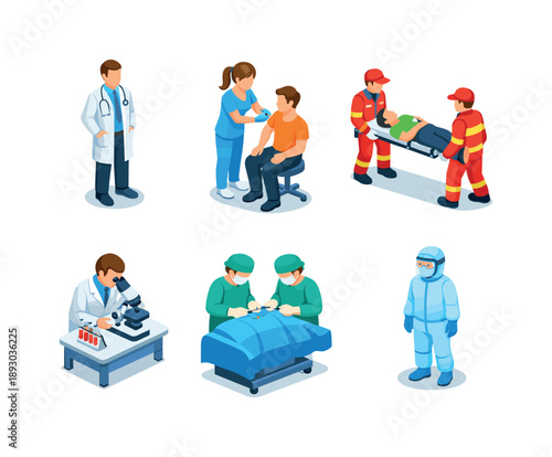 Healthcare Team Icons. Medical team. Isometric flat vector icons set of medical team: doctor in lab coat, nurse administering injection, paramedic lifting