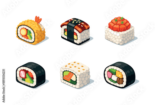 Colorful Sushi Grid. Japanese rolls. Isometric flat vector icons set of Japanese rolls: tempura roll, unagi roll, spicy tuna roll, kani crab roll, rice-out