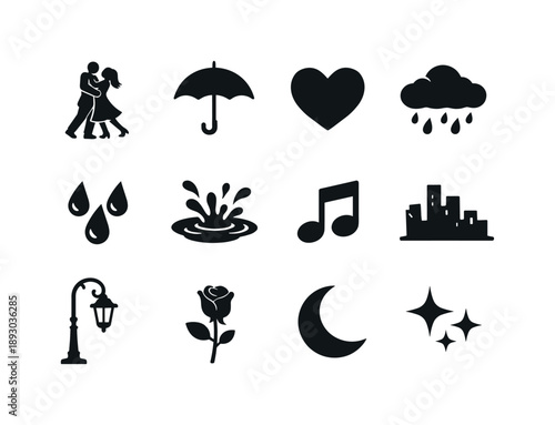 Romantic Raindance Icons. Romantic Rain Dance. Solid icon set of Romantic Rain Dance: couple dancing, umbrella, heart symbol, rain cloud, raindrops, puddle