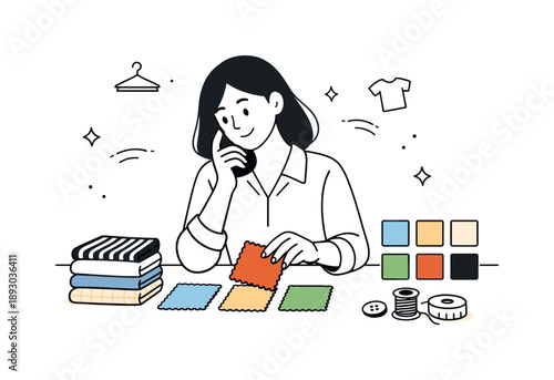 Fashion Style Selection. Personal style customization. Person choosing fabrics and colors from neatly arranged samples, thoughtful and inspired mood. Editorial