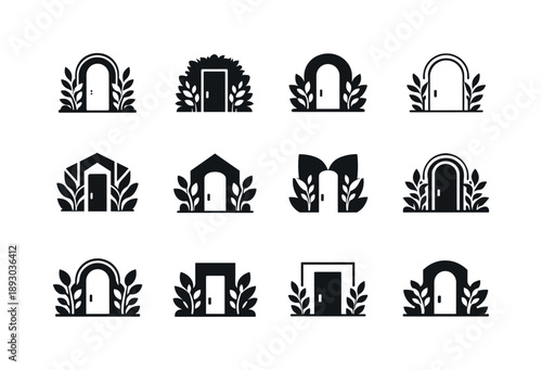 Green Gateway Icons. Incorporating plants in entryways for a welcoming feel. Icon set. Set Logo of Incorporating plants in entryways for a welcoming feel:
