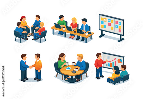 Dynamic Startup Icons. Startup team. Isometric flat vector icons set of startup team: founders discussion circle, laptop workstations, task board kanban,