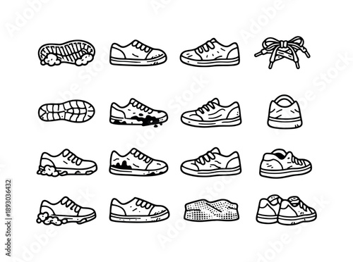 Dirty Sneakers Icons. Dirty Sneakers. Line icon set of Dirty Sneakers: muddy sneaker sole, scuffed toe cap, dusty sneaker side view, stained laces, worn