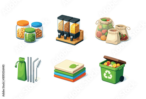Zero Waste Icons. Zero Waste. Isometric flat vector icons set of zero waste: glass jar storage, bulk food dispenser, reusable produce bags, metal straw set,