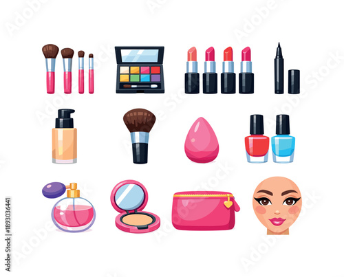 Colorful Beauty Icons. Beauty portfolio. Colorful flat vector icons set of Beauty portfolio: makeup brushes set, color palette, lipstick shades, eyeliner pen,