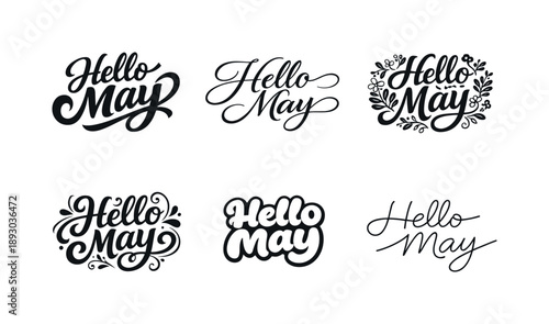 Creative May Lettering. Hello May. Set lettering. harmonious lettering variations of the same emblematic concept, each with different artistic interpretation