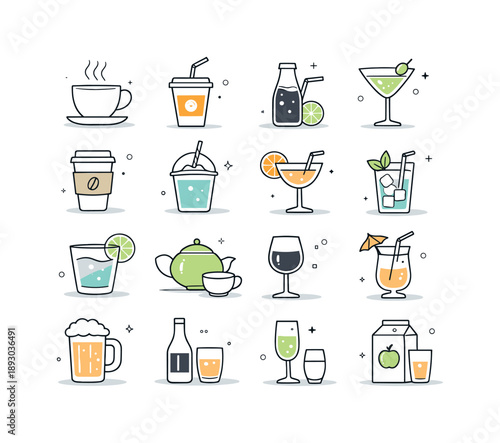 Minimalist Beverage Icons. Drink and beverage icons. Coffee cups, soft drinks, cocktails, and teapots arranged in a calm uniform layout. Refreshment theme with