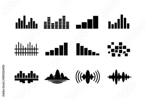 Abstract Audio Icons. Abstract audio visualization. Solid icon set of abstract audio visualization: spectrum column, equalizer bar, level steps, peak meter,