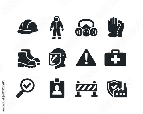 Industrial Safety Icons. Heavy industry worker protection. Solid icon set of Heavy industry worker protection: industrial helmet, protective suit, respirator,