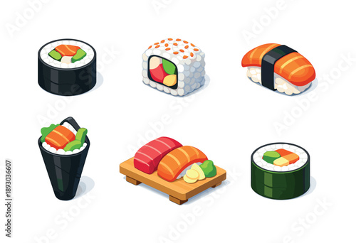 Isometric Sushi Icons. Sushi Types. Isometric flat vector icons set of Sushi Types: maki roll, uramaki roll, nigiri sushi, temaki hand roll, sashimi plate,