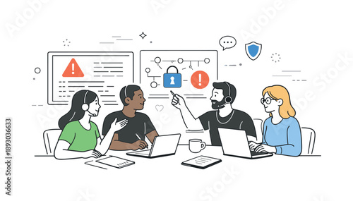 Security Team Discussion. Security team collaboration. Multiple analysts discussing a potential breach, reviewing logs and diagrams on screens, emphasizing