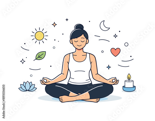 Calm Mindful Moment. Yoga and mindfulness routine. A person finishes a session sitting quietly, feeling grounded and calm. Emotional clarity, renewal, and