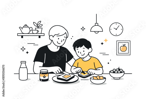Kitchen Bonding Moment. Kitchen lifestyle. A parent and child sharing a quiet moment at the kitchen counter, preparing a snack together. Warm family connection