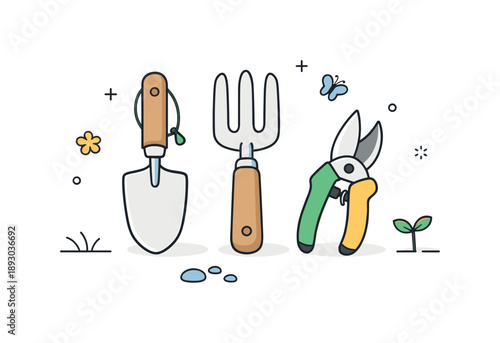 Minimalist Gardening Tools. Gardening hand tools. A small set of gardening hand tools like a trowel, hand fork, and pruners arranged neatly on a clean surface.
