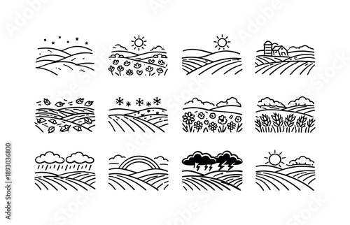 Seasonal Field Icons. Seasonal Fields. Line icon set of Seasonal Fields: snowy winter field, spring flower field, summer green grass, autumn harvest field,