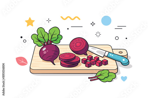 Beetroot Kitchen Scene. Seasonal beetroot ingredients. Beetroots paired with simple kitchen props like a knife and cutting board. Calm food preparation scene