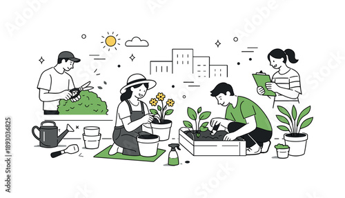 Urban Garden Harmony. Urban garden activity. People trimming plants, repotting flowers, and checking soil in a compact city garden. Relaxed, mindful