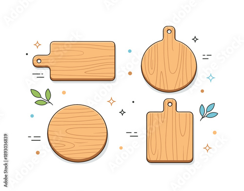 Minimalist Cutting Boards. Wooden cutting boards flat lay. Top view of rectangular and round boards arranged symmetrically, showing natural materials and tidy