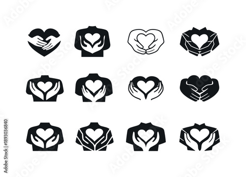 Protective Hands Icons. Hands holding chest. Icon set. Set Logo of hands holding chest: protective hands around heart on torso. harmonious logo variations of