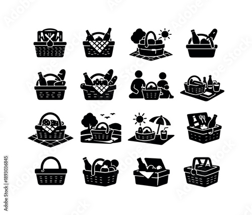 Picnic Basket Icons. Picnic baskets. Solid icon set of Picnic baskets: picnic hamper, basket with cloth, outdoor picnic, food packed basket, wine picnic