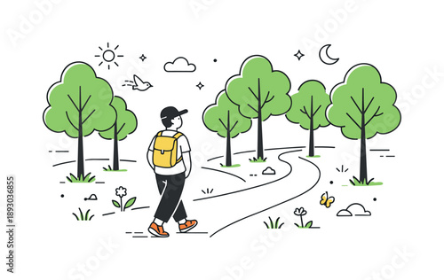 Peaceful Forest Walk. Forest walk routine. A simple editorial scene of a person enjoying a quiet walk in the woods, with trees evenly spaced and gentle curves