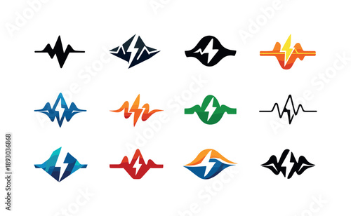 Electric Pulse Icons. Power surge metaphor. Icon set. Set Logo of power surge metaphor: electric wave pulse. harmonious logo variations of the same emblematic