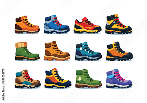 Colorful Outdoor Boots Icons. Outdoor boots. Colorful flat vector icons set of outdoor boots: hiking boot, trekking boot, trail boot, mountaineering boot,