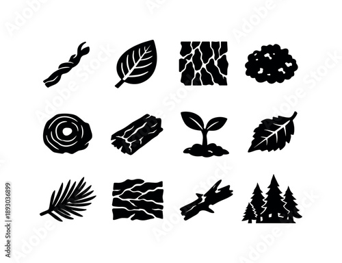 Nature Icon Set. Nature details. Solid icon set of Nature details: twisted stick, leaf vein, cracked bark, moss patch, tree knot, rough wood, sapling sprout,