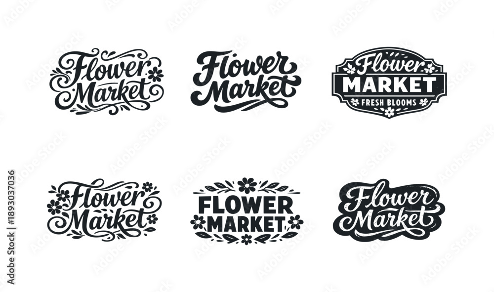 Fototapeta premium Floral Lettering Harmony. Botanical flower market vibe. Set lettering. harmonious lettering variations of the same emblematic concept, each with different