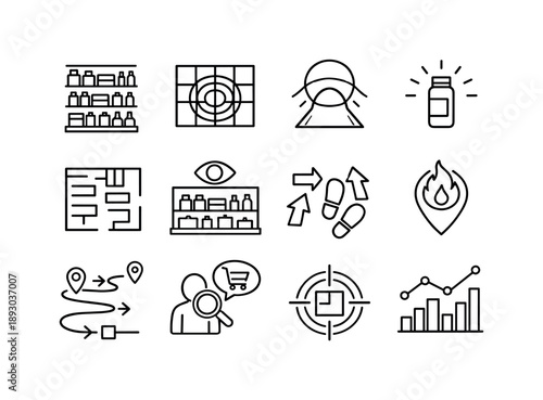 Product Placement Heatmap. Product placement heatmap. Line icon set of Product placement heatmap: shelf display, heatmap grid, attention zones, product