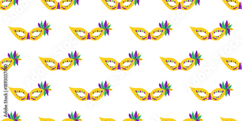 Vector seamless pattern with yellow mardi gras mask with colorful feather on white background, festive carnival masquerade costume repeat for party wrapping paper. Holiday decoration design.