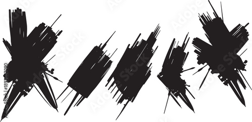 Brush set. Vector black paint brush spots, highlighter lines or felt-tip pen marker. Ink smudge abstract shape stains and smear set with texture