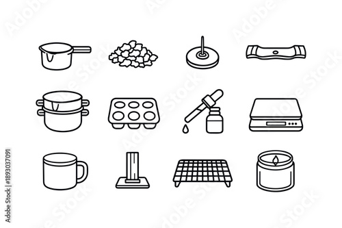 Eco Candle Icons. Eco-friendly candle workshop. Line icon set of eco-friendly candle workshop: melting pot, wax flakes, wick sticker, wick holder, double