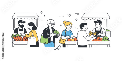 Street Market Harmony. People at a street market. Shoppers examining fruits and vegetables while vendors stand behind simple stalls. Everyday city life and