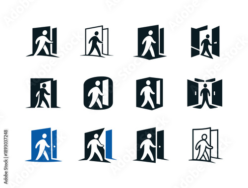 Door Logo Variations. Opening a door. Icon set. Set Logo of opening a door: threshold transition symbol. harmonious logo variations of the same emblematic