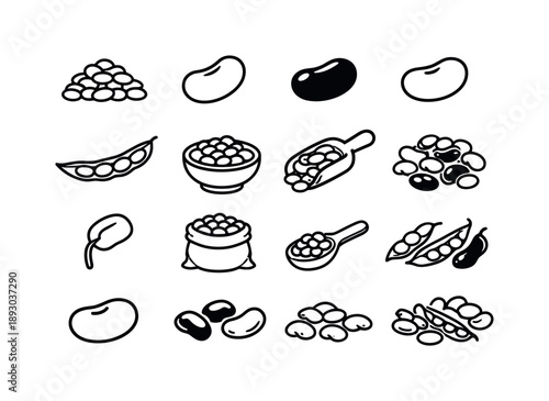 Bean Icon Collection. Beans. Line icon set of Beans: dry beans pile, kidney bean, black bean, white bean, bean pod, cooked beans bowl, raw beans scoop,