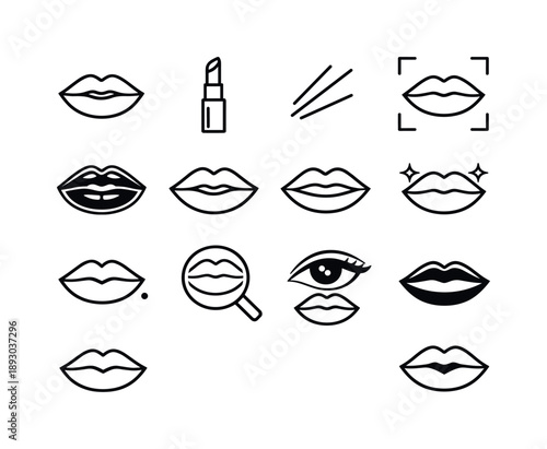 High-Impact Beauty Icons. High-Impact Beauty Look. Line icon set of High-Impact Beauty Look: confident lips, lipstick symbol, beauty accent lines, lip focus