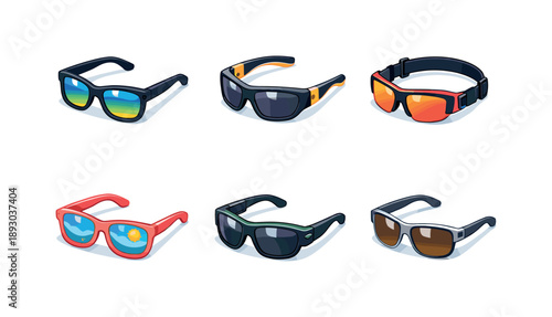 Sunglasses Isometric Grid. Sun protection. Isometric flat vector icons set of sun protection: polarized sunglasses, UV protection sunglasses, sport sunglasses