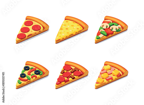 Pizza Slice Sampler. Pizza slice. Isometric flat vector icons set of Pizza slice: classic pepperoni slice, cheese pizza slice, veggie pizza slice